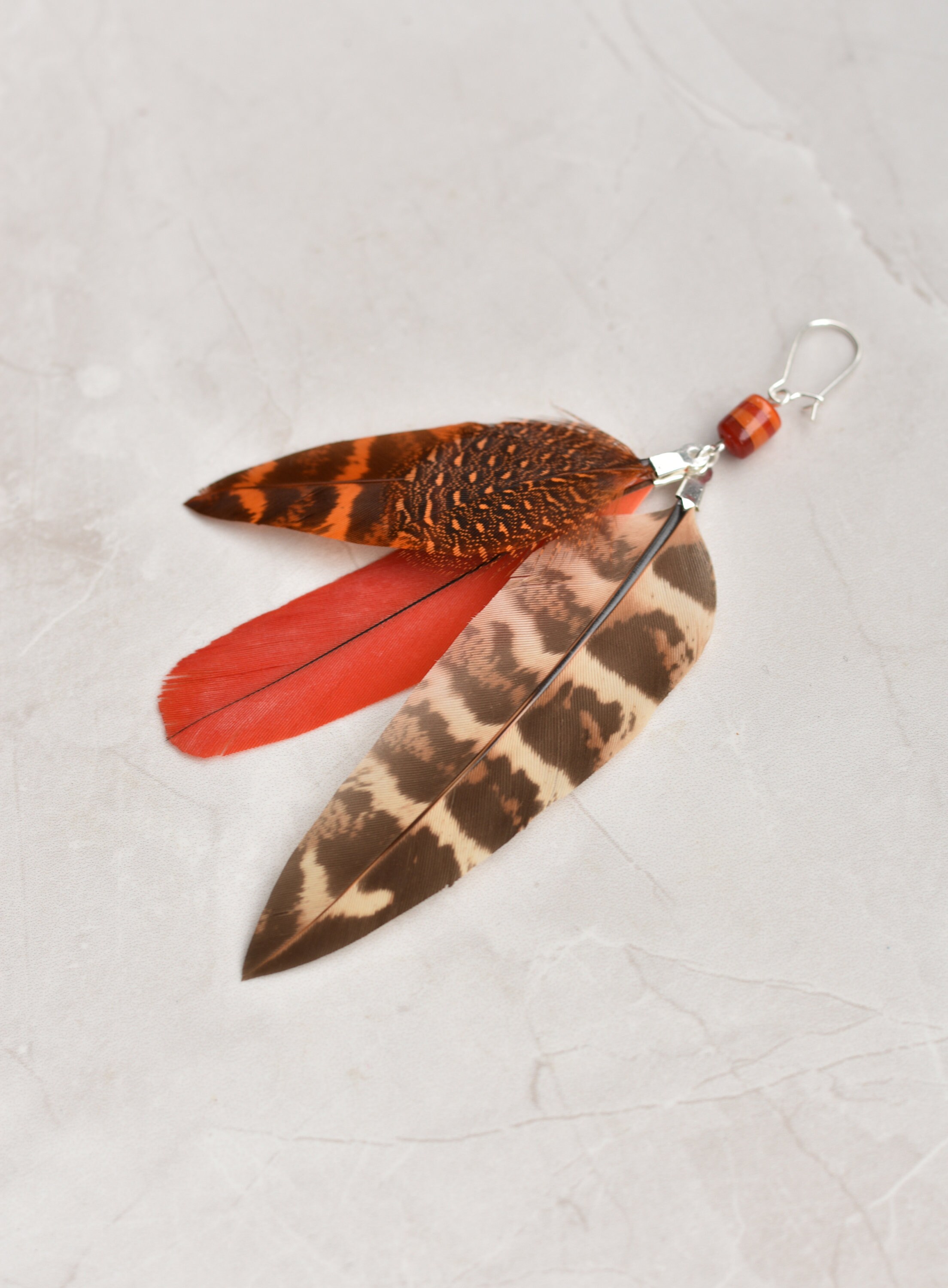 Single Statement Feather Tassel Earring in Red and Orange No.015