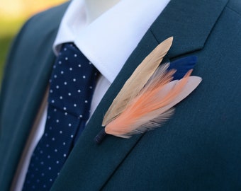 Navy Blue, Blush Pink and Gold Feather Lapel Pin