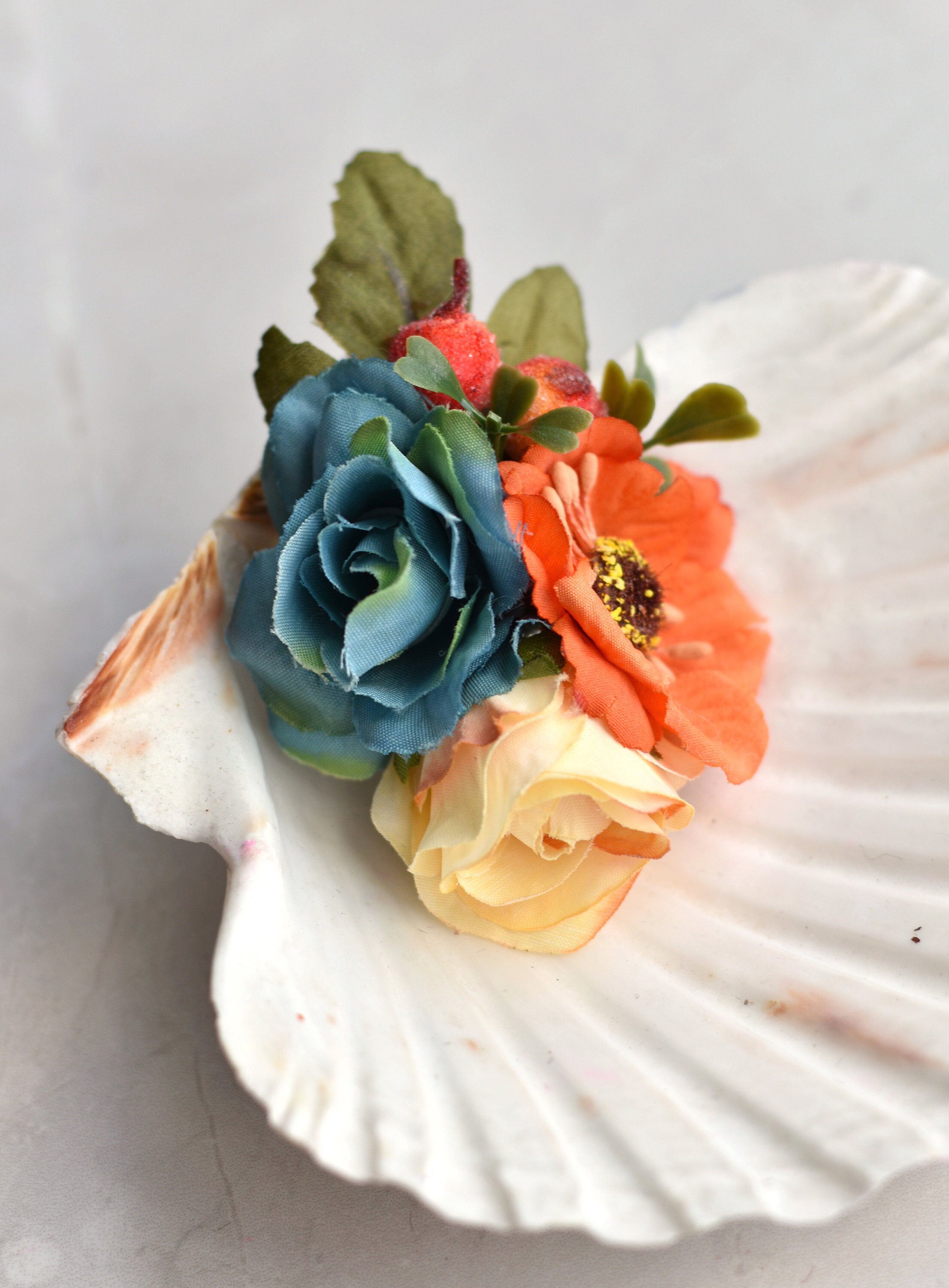 Rose Hair Clip in Blue and Orange Silk Flower Hair Clip Etsy UK