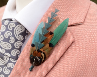 Bottle Green, Teal and Copper Pheasant and Duck Feather Lapel Pin No.270