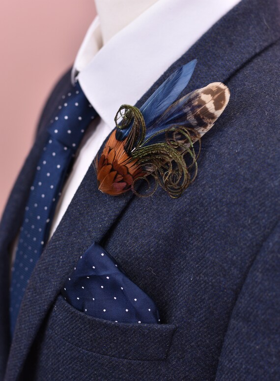 Feather Lapel Pin in Navy Blue and 