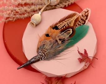Natural Pheasant Feather Boutonniere / Hat Pin | Pheasant Feather Brooch | Wedding Corsage