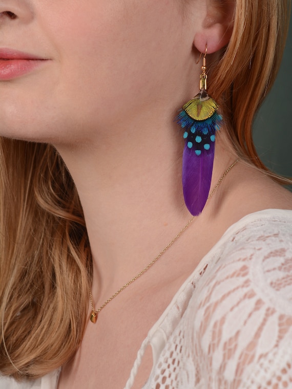 Purple Feather Earrings Peacock Feather Earrings Festival Earrings