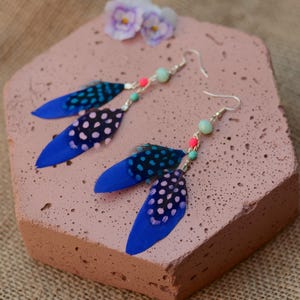 Vibrant Blue and Pink Beaded Long Feather Earrings - Festival Earrings - Statement Earrings