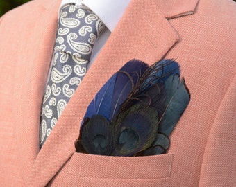 Deep Black and Blue Peacock and Pheasant Feather Pocket Square No.96