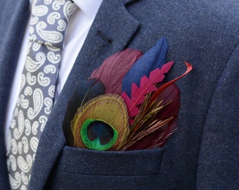 Burgundy, Navy Blue and Peacock Feather Pocket Square No.178