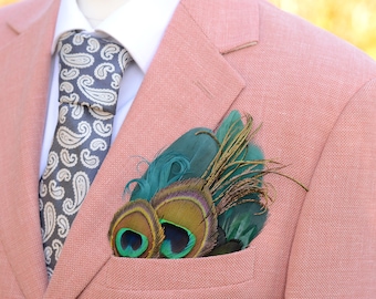 Teal and Deep Green Peacock Feather Pocket Square No.192