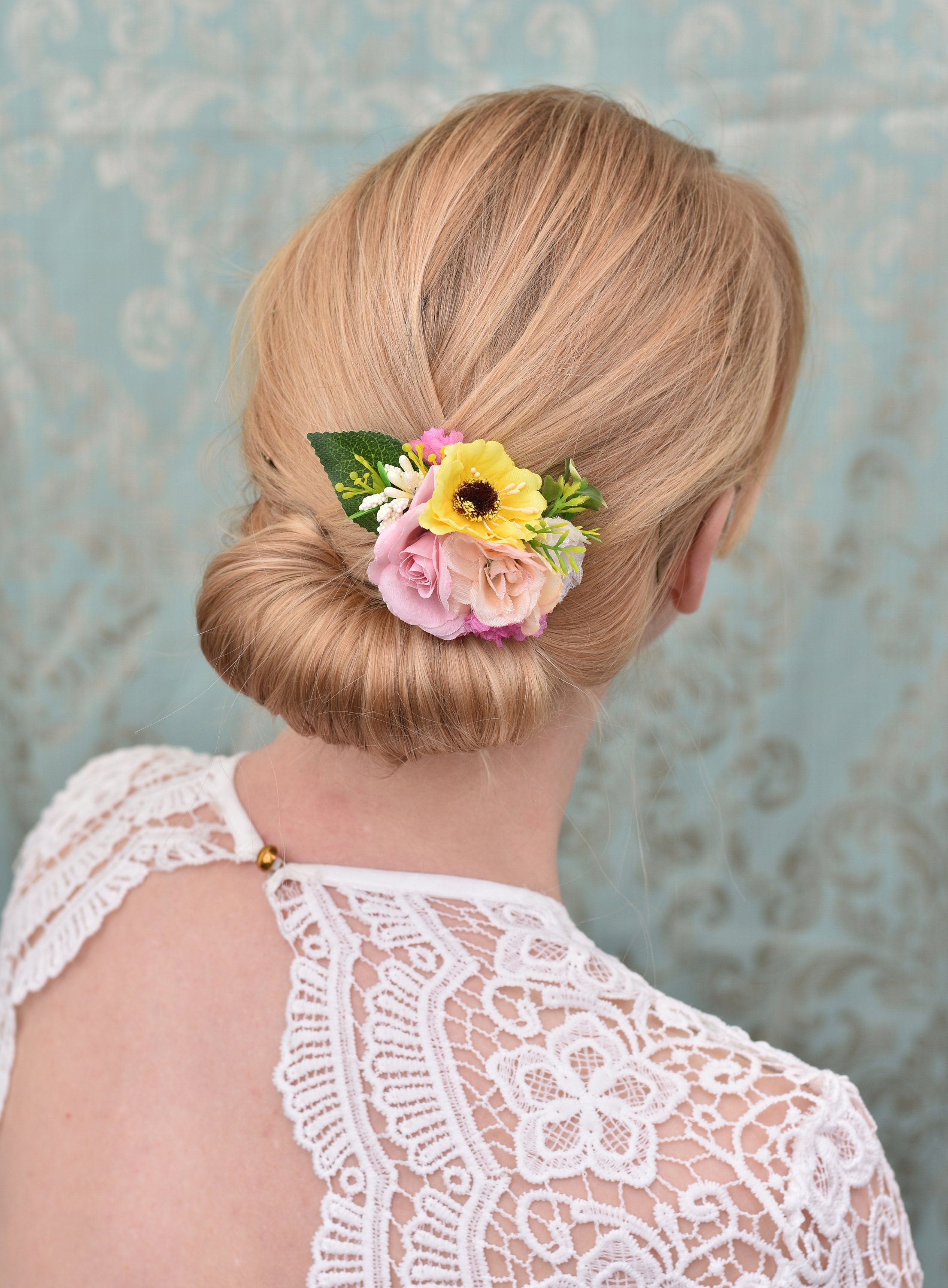 Silk Flower Hair Clip in Pink and Yellow
