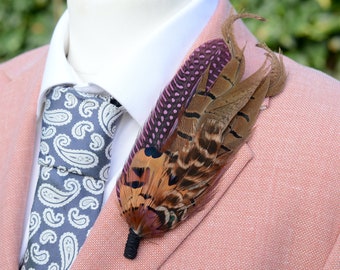 Plum Purple and Copper Pheasant Feather Lapel Pin No.307