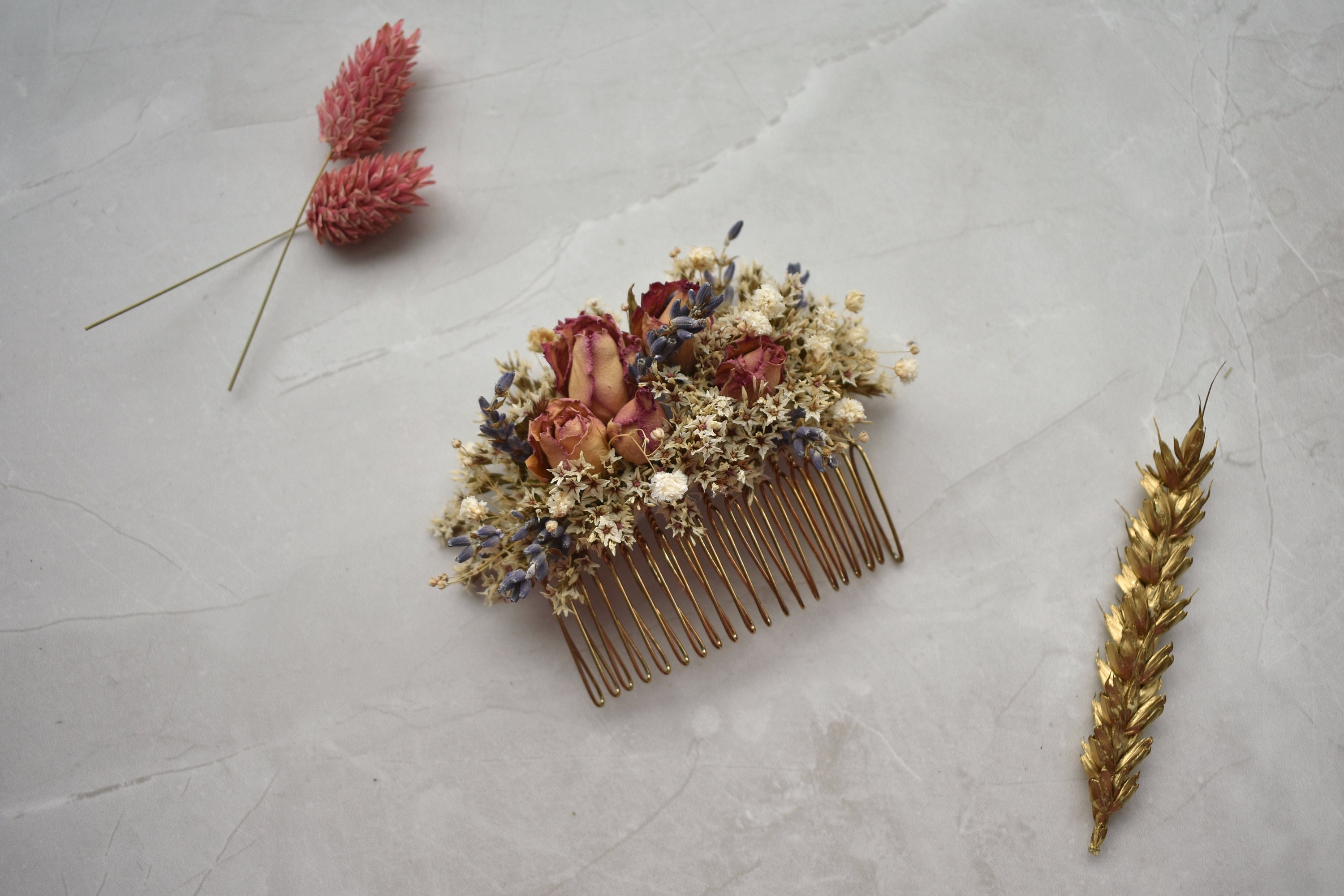 Romantic Dried Flower Hair Comb with Pink Rose Buds and Lavender