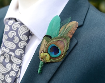 Green Pheasant and Peacock Feather Lapel Pin