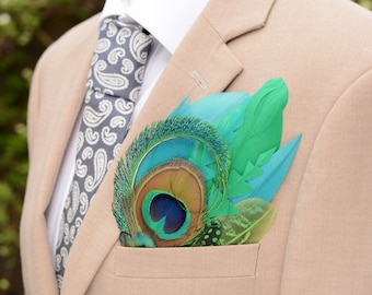 Turquoise, Emerald Green and Gold Peacock Eye Feather Pocket Square No.211