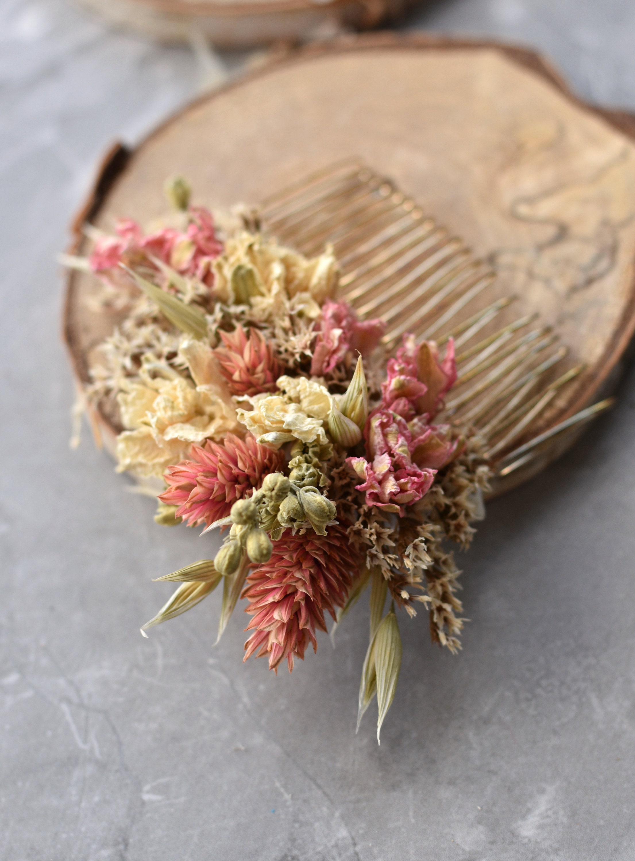 Dried Flower Hair Comb in Pink and Ivory Bridal Hair Comb Etsy