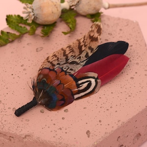 Burgundy, Black and Copper Pheasant Feather Lapel Pin / Hat Pin Small no.172 | Duck Feather Boutonniere | Pheasant Feather Brooch