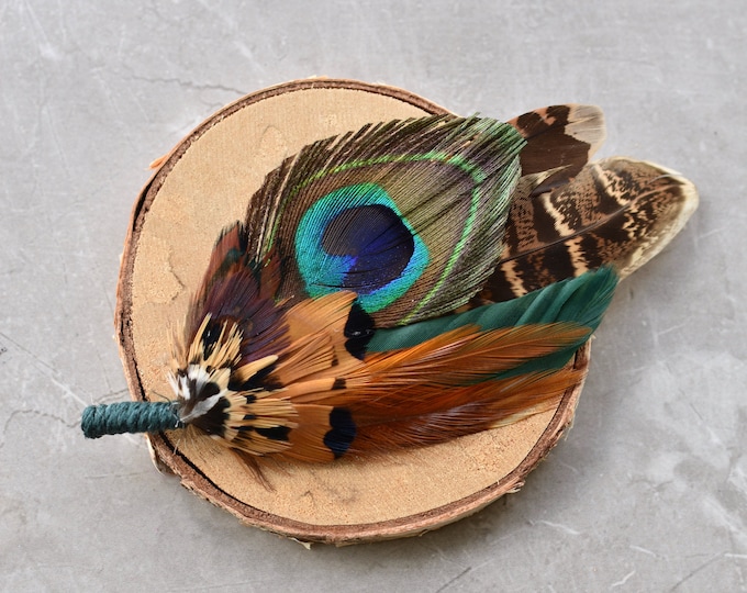 Green Pheasant and Peacock Feather Hat Pin / Lapel Pin No.241