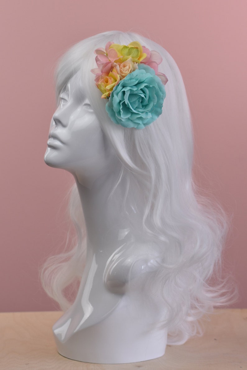 Roses Flower Hair Clip Fascinator in Pastel Mint Festival Hair Clip Flower Headpiece Pink and Yellow Floral Hair Clip