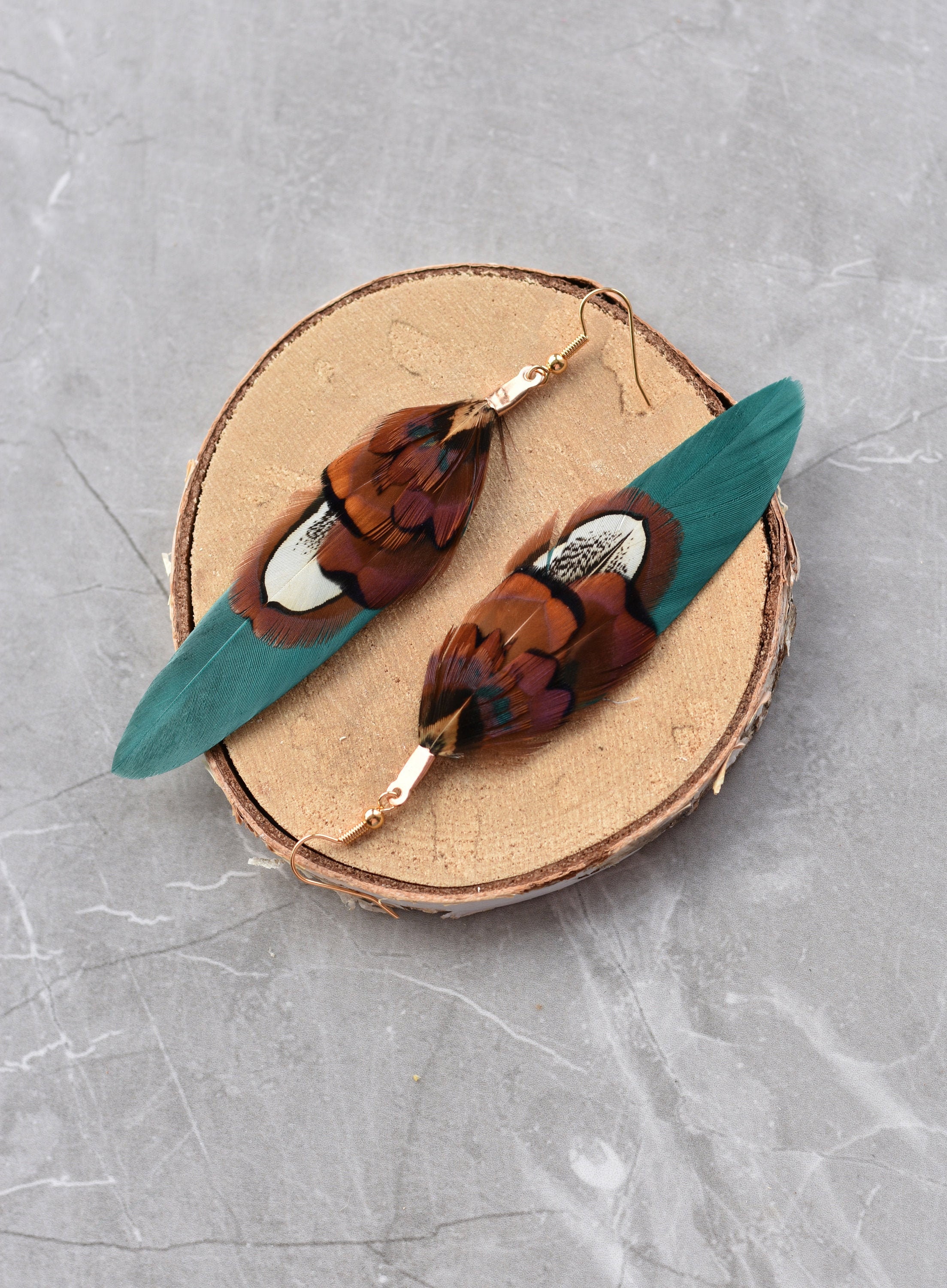 Teal and Copper Pheasant Feather Earrings | Festival Earrings | Feath…