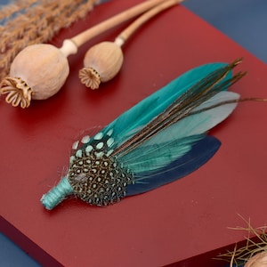 Ombre Teal, Turquoise and Navy Duck Feather Lapel Pin | Duck Feather Boutonniere |  Feather Hat Pin