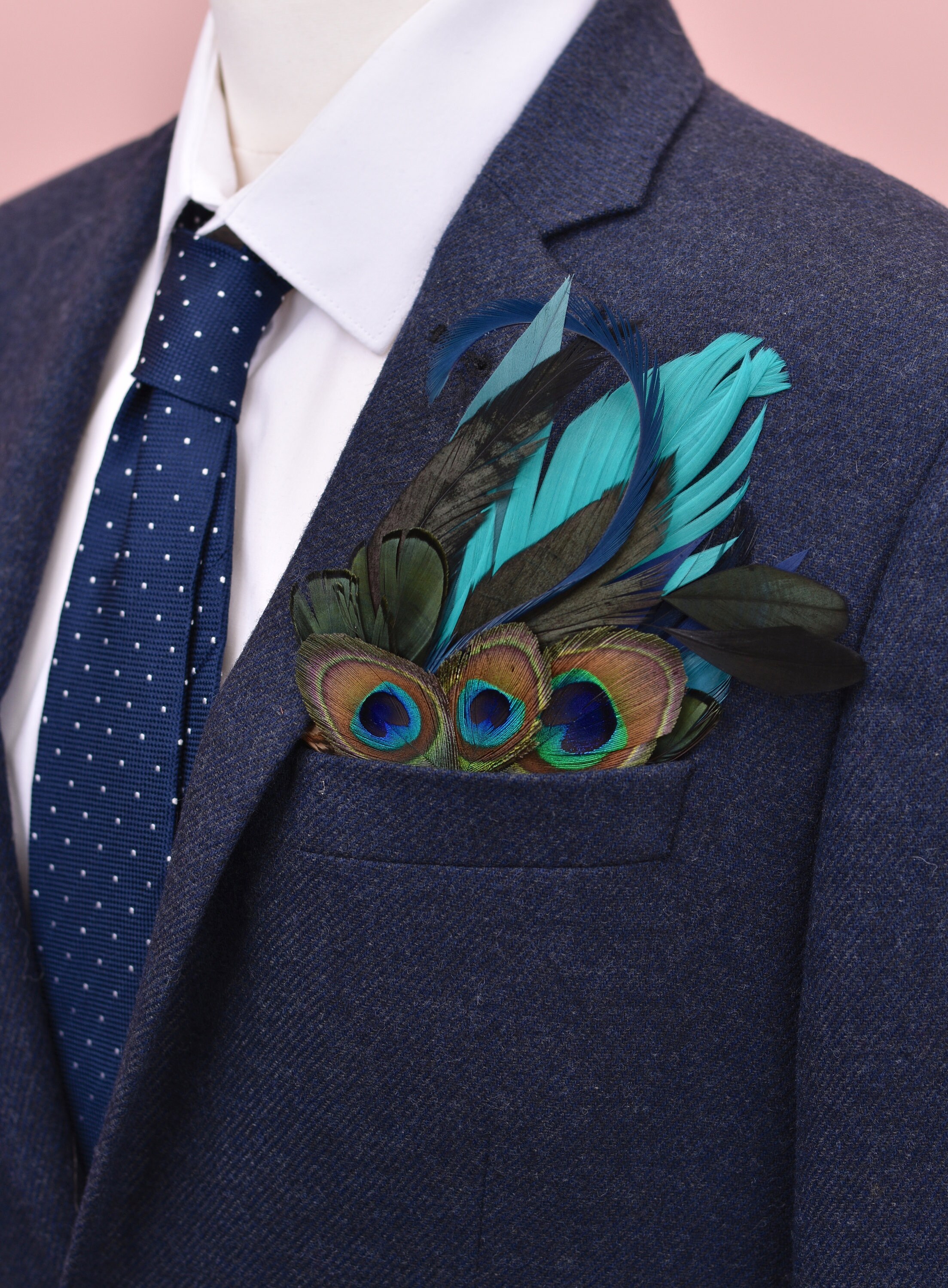 Teal and Peacock Feather Pocket Square No.14