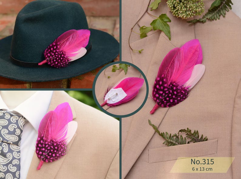 Bright Pink Feather Brooch Hat Pin - Wedding Boutonniere - Grooms Buttonhole No.315