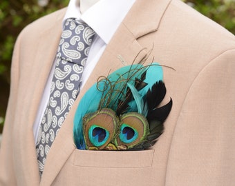 Teal, Green and Black Peacock Feather Pocket Square No.209