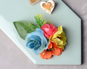 Flower Hair Clip in Orange and Blue Roses