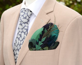 Shades of Green and Deep Navy Feather Pocket Square No.226