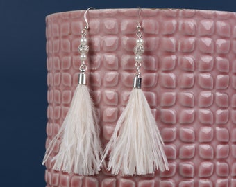 White Ostrich Feather Tassel Earrings with Pearls and Silver Beads