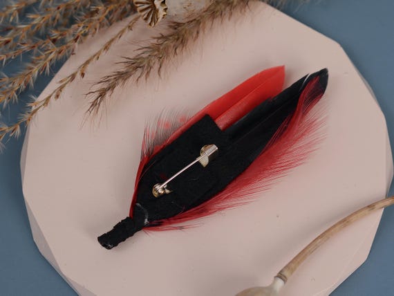 Black and Red Feather Lapel Pin Duck Feather Boutonniere Pheasant  