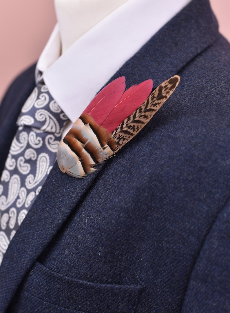 Feather Lapel Pin in Burgundy, Partridge and Pheasant | Feather