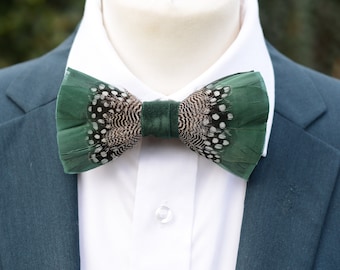 Feather Bow Tie in Deep Green and Monochrome Polka Dot