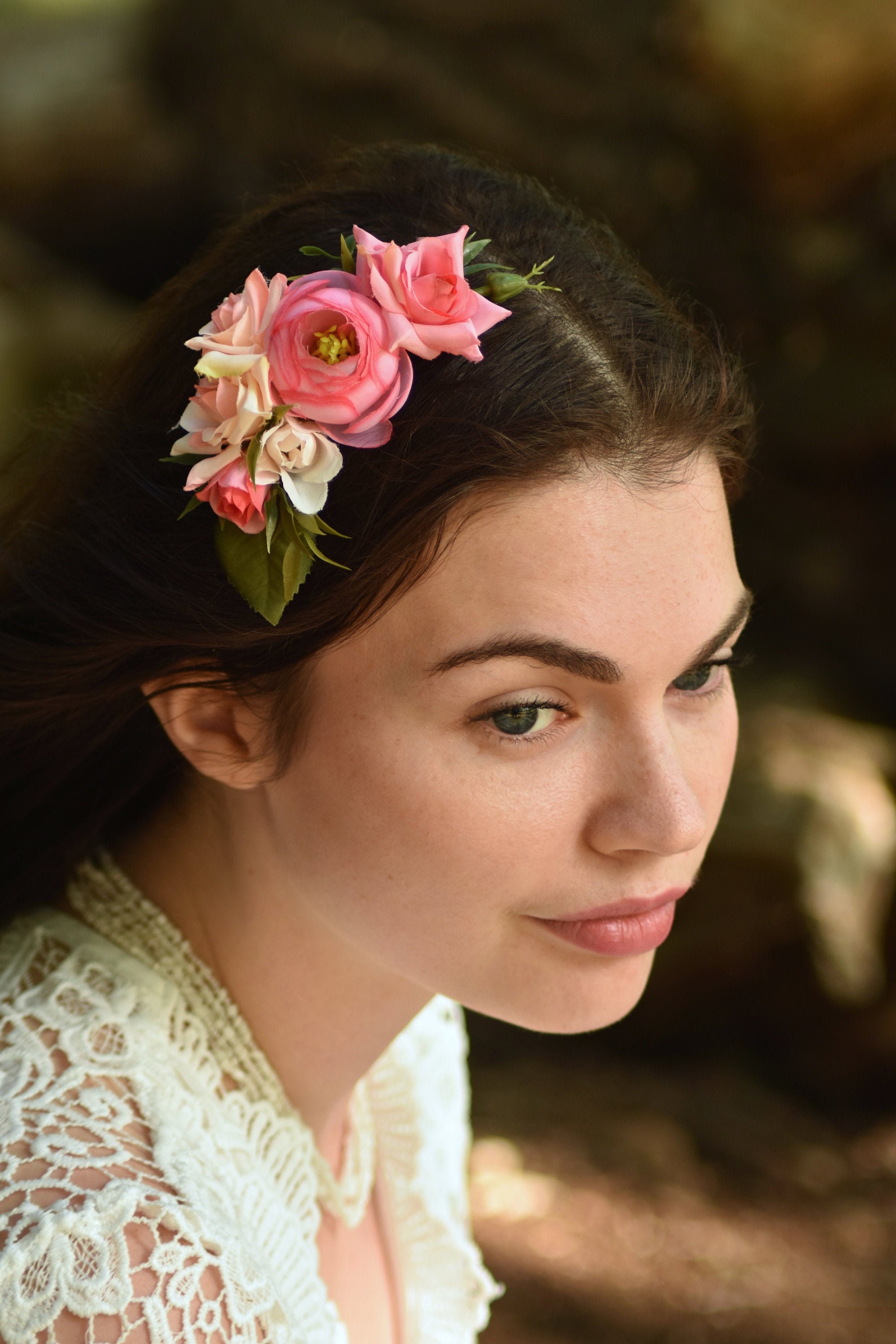 Silk Flower Hair Clip in Pink Roses and Ranunculus