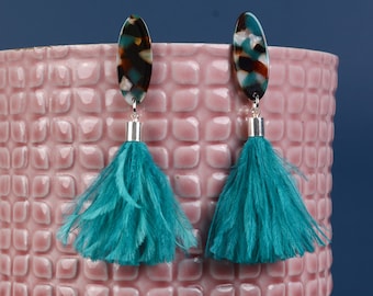 Statement Teal Blue Oval Acetate and Ostrich Feather Tassel Earrings