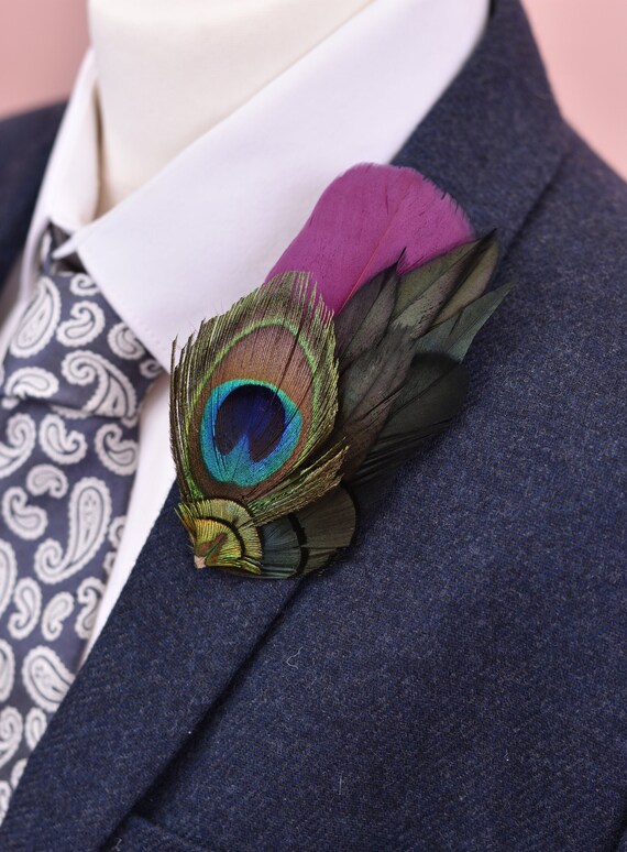 Plum and Peacock Feather Lapel Pin Peacock Feather Boutonniere