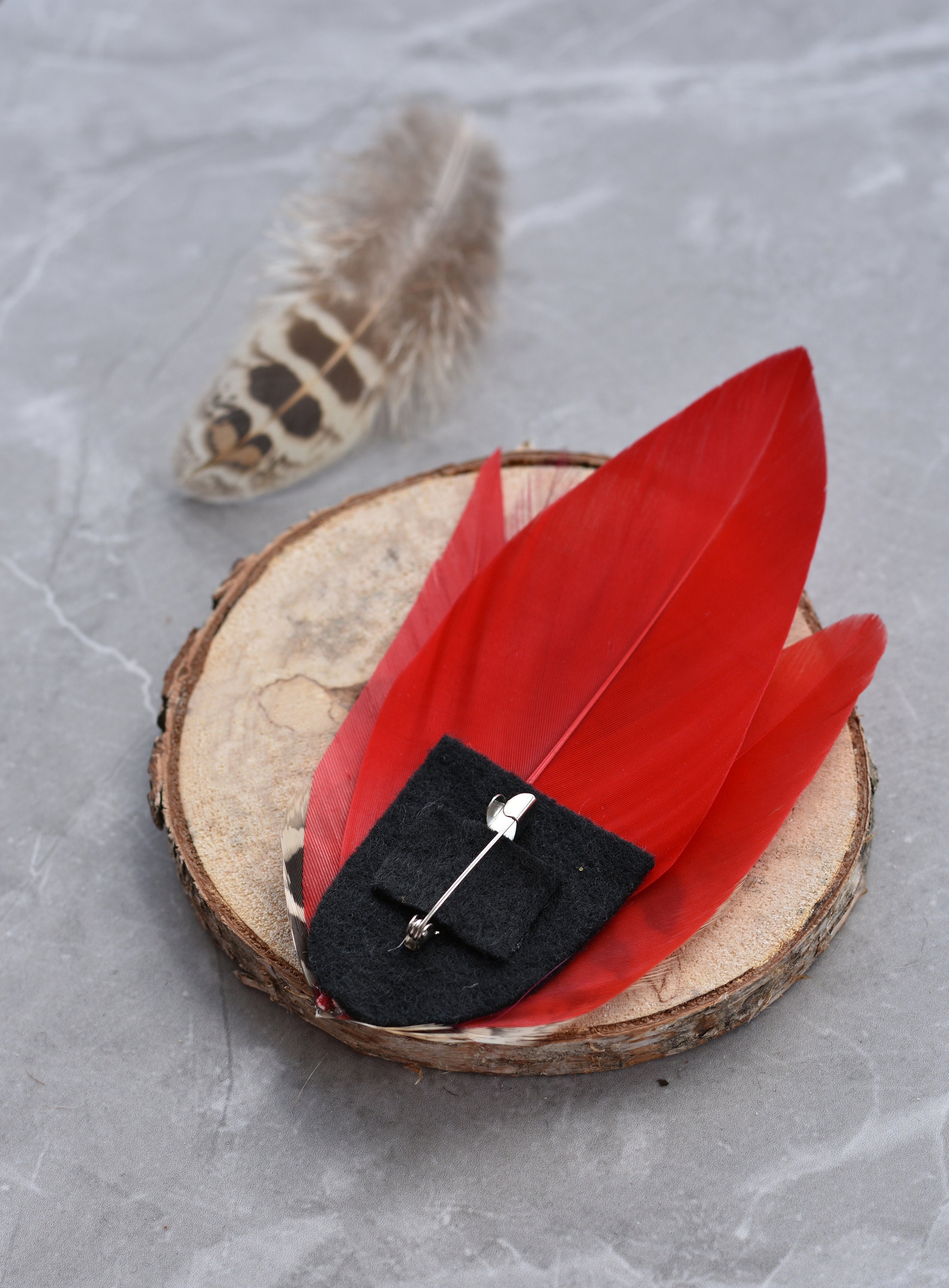 Red and Pheasant Feather Lapel Hat Pin