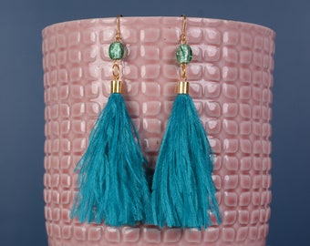 Long Turquoise Ostrich Feather Tassel Earrings