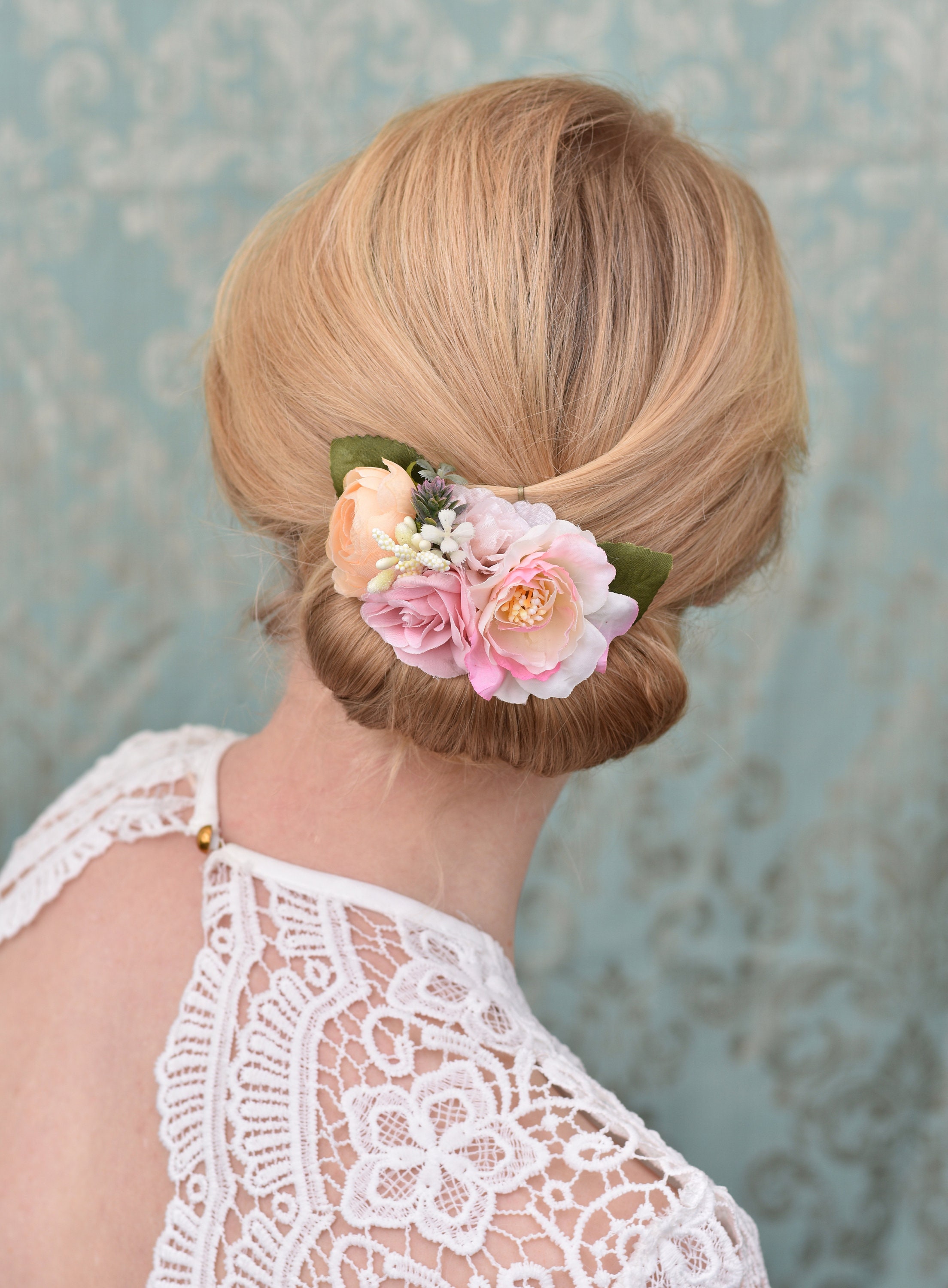 Peony And Rose Hair Clip In Pink And Peach