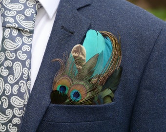 Teal and Green Peacock Feather Pocket Square No.40