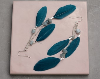Long Teal Turquoise Drop Feather Earrings with Aquamarine Stone Chip Beads