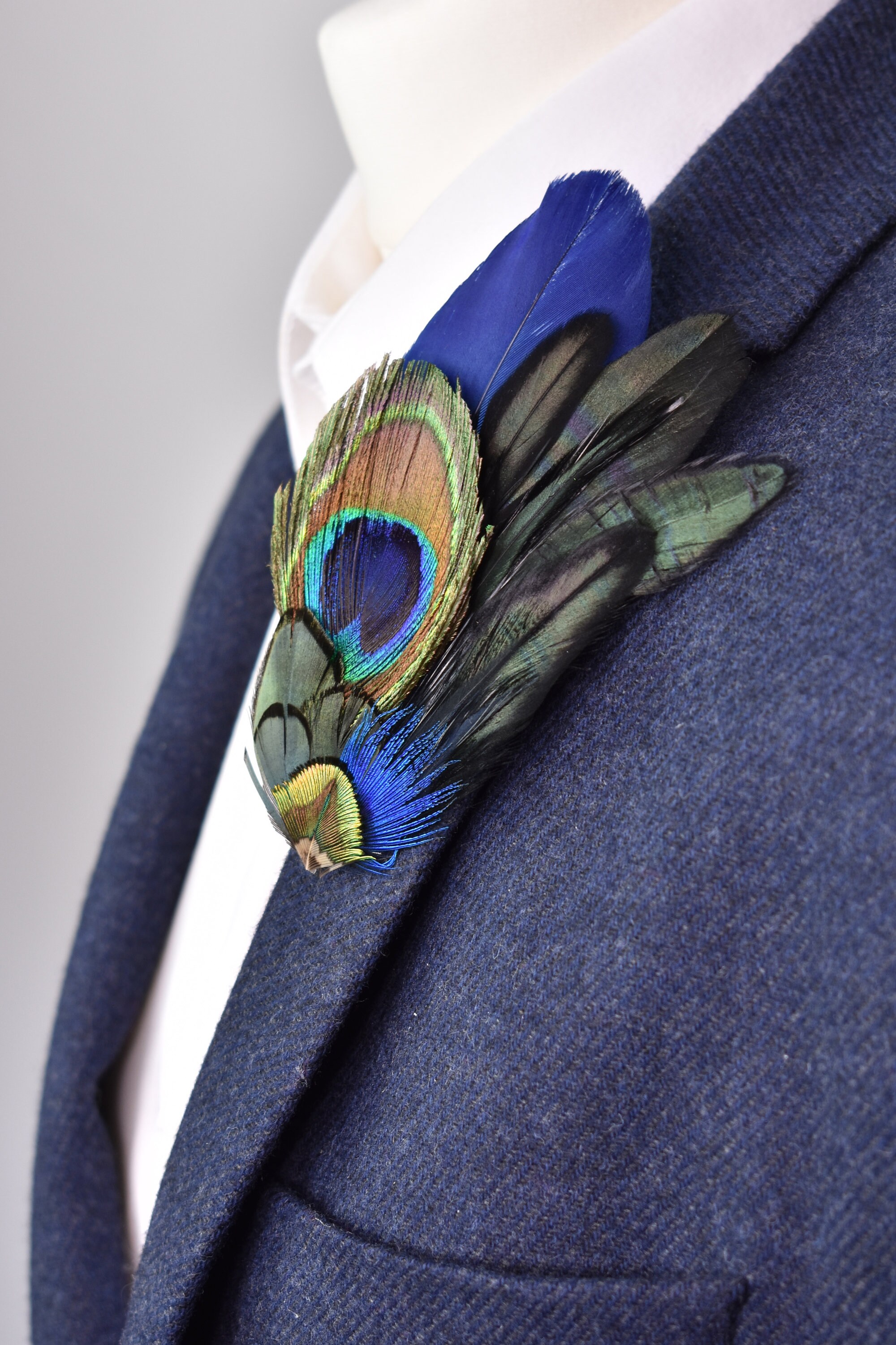 Peacock Feather Lapel Pin with Navy Blue, Turquoise, Gold and Green