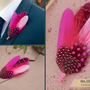 Bright Pink Feather Brooch Hat Pin - Wedding Boutonniere - Grooms Buttonhole image 3