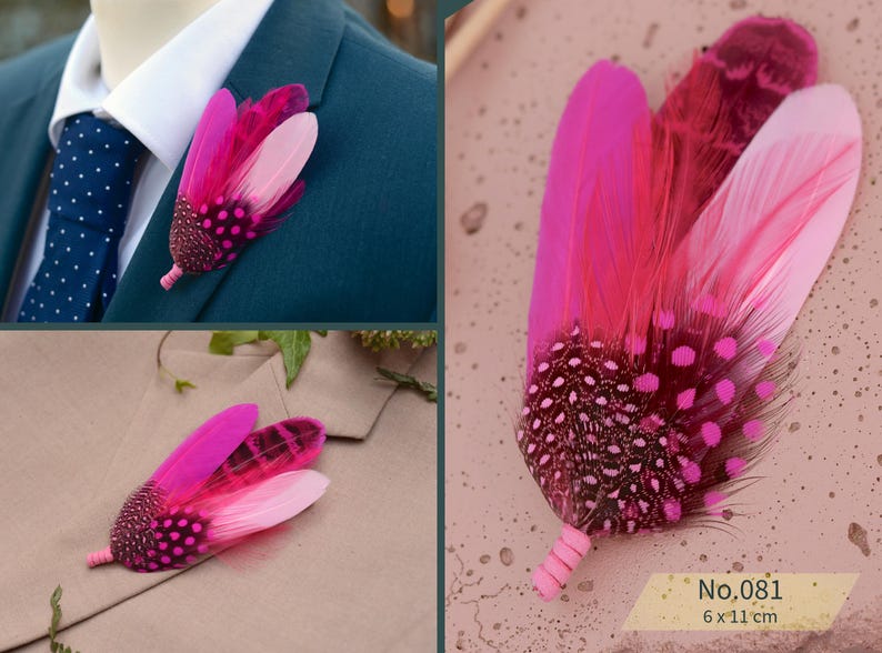 Bright Pink Feather Brooch Hat Pin - Wedding Boutonniere - Grooms Buttonhole image 3