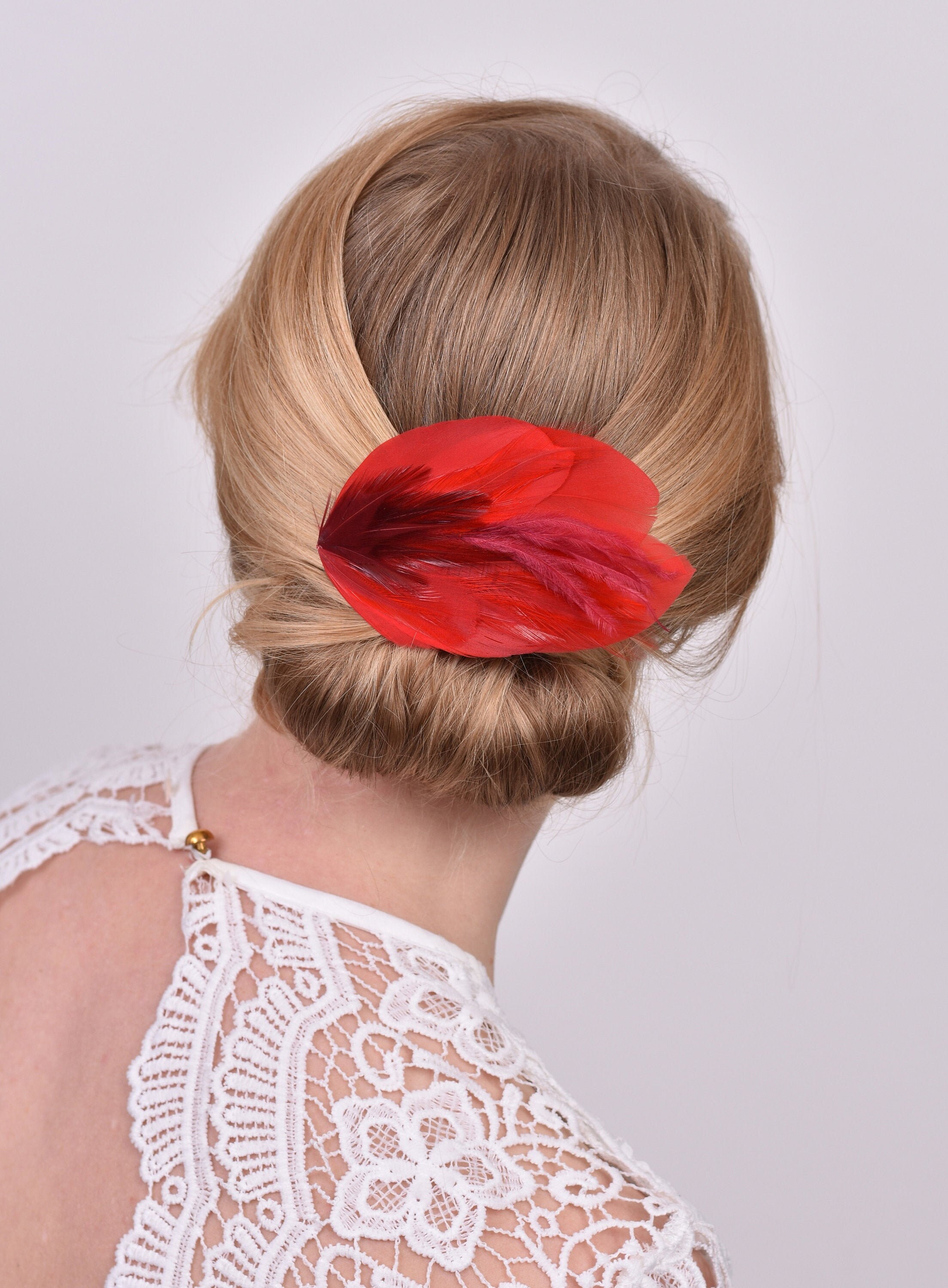 Red and Crimson Feather Hair Clip Red 