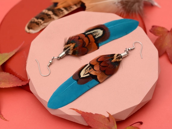 Teal Copper Pheasant Feather Earrings | Boho Festival Jewellery