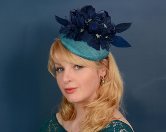 Navy Blue and Teal Feather Flower Button Hat Fascinator