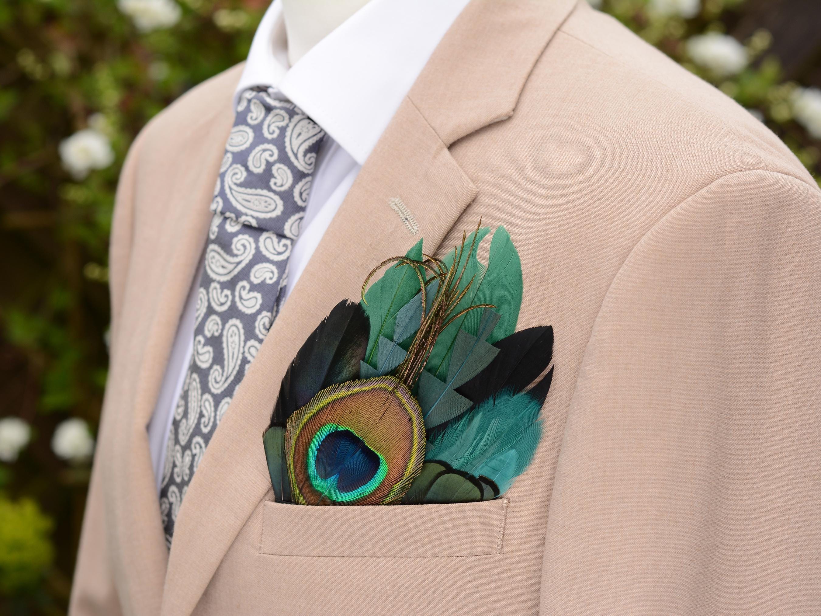 Cravate Et épingle à Revers Paon Fait Main – Vert – Accessoire Mariage Rétro