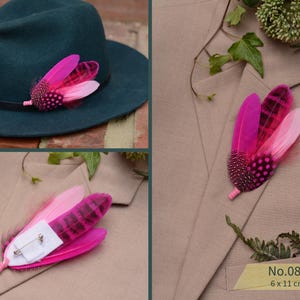 Bright Pink Feather Brooch Hat Pin - Wedding Boutonniere - Grooms Buttonhole No.081