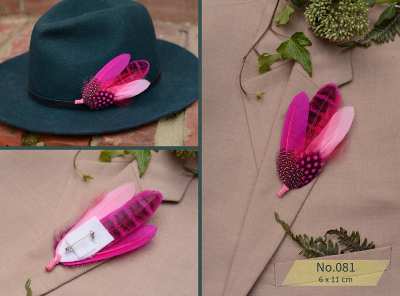 Bright Pink Feather Brooch Hat Pin - Wedding Boutonniere - Grooms Buttonhole No.081