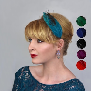 Side Perching Feather Fascinator Headband in Teal, Navy Blue, Plum, Red or Black | Feather Headpiece | Feather Fascinator