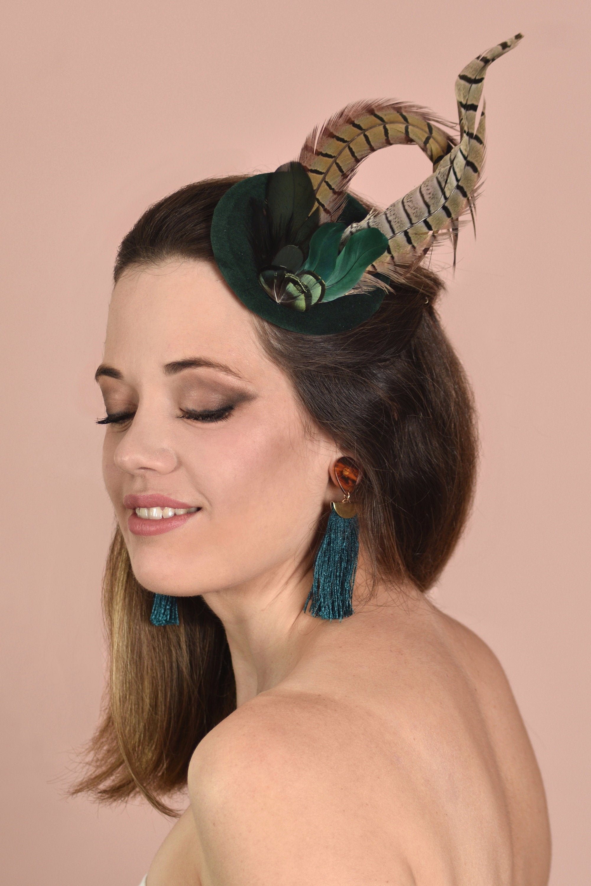Green Pheasant Feather Fascinator in Bottle Green Velvet